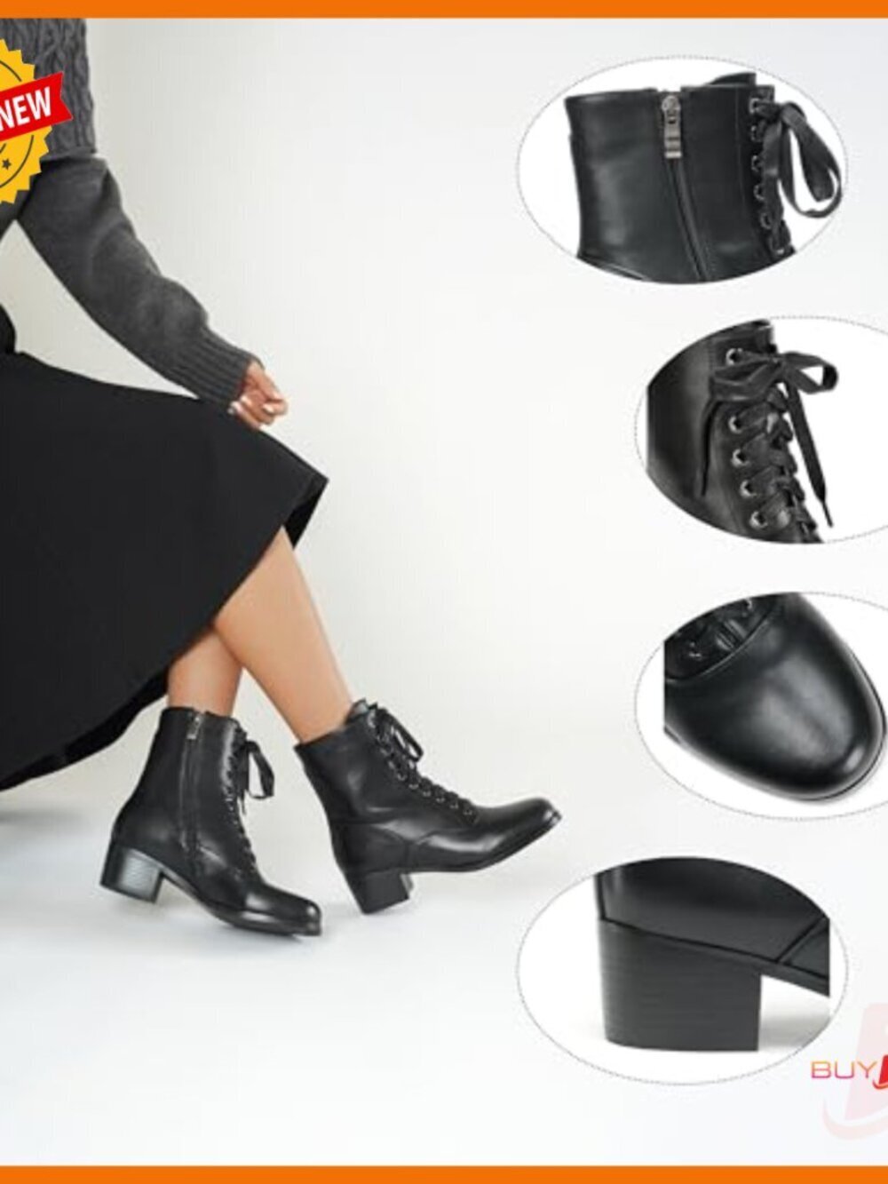 Victorian Lace Up Ankle Boots Side Zipper Chunky Heel Round Toe - Picture 6 of 7